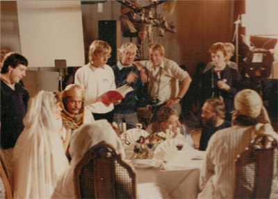 Don, the Radio Times photographer, leaning on Ron, with Jonathan Miller crouched with Peter Fox